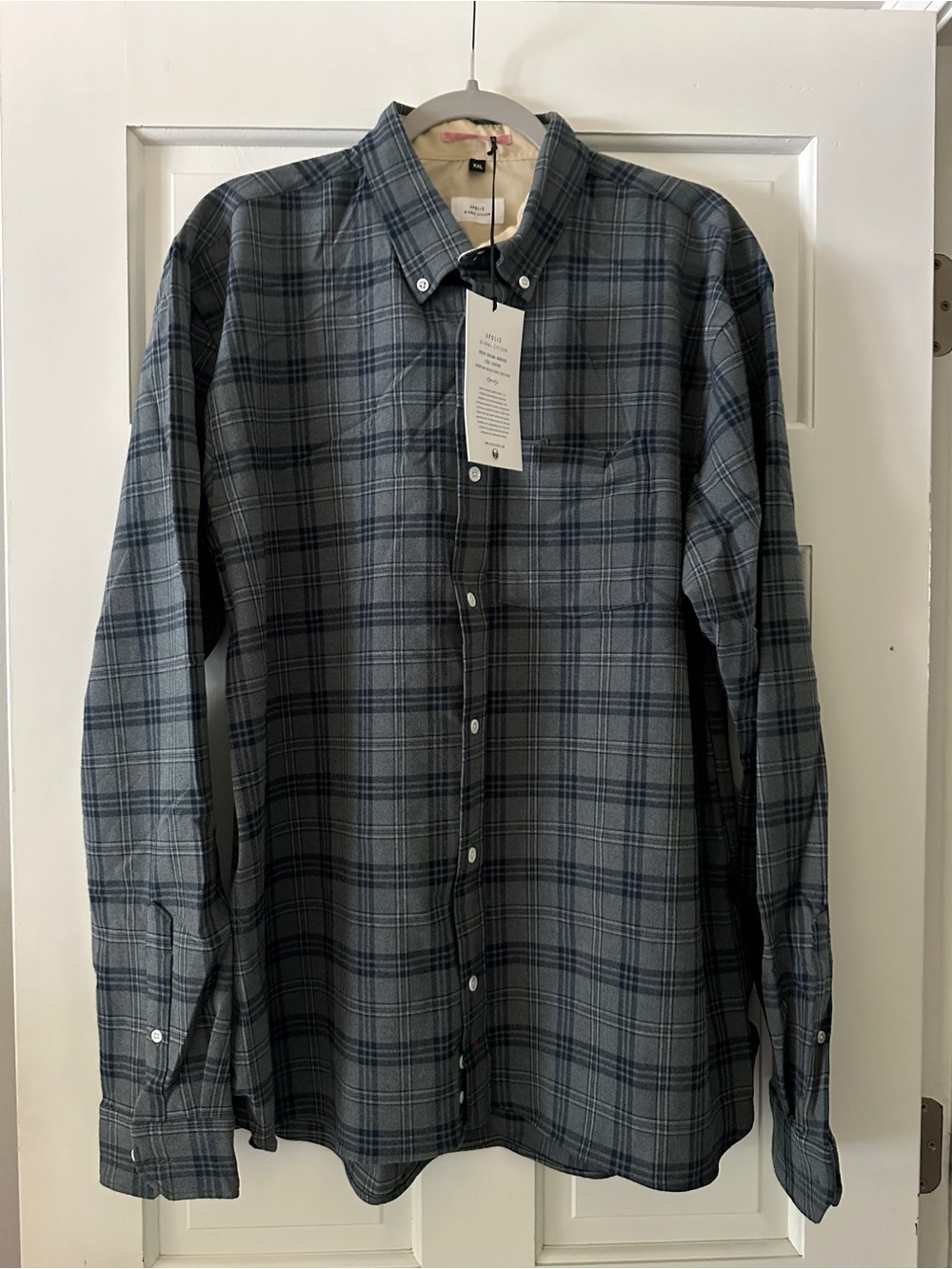 NWT Apolis Global Citizen Grey Plaid Flannel Button Down Long Sleeve Shirt XXL